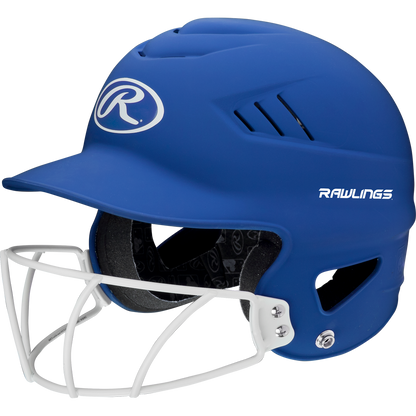 A Rawlings Coolflo Highlighter Matte Batting Helmet with Mask (RCFHLFG), featuring a blue finish, white face guard, black interior padding, and ventilation slits, is displayed on a plain white background.