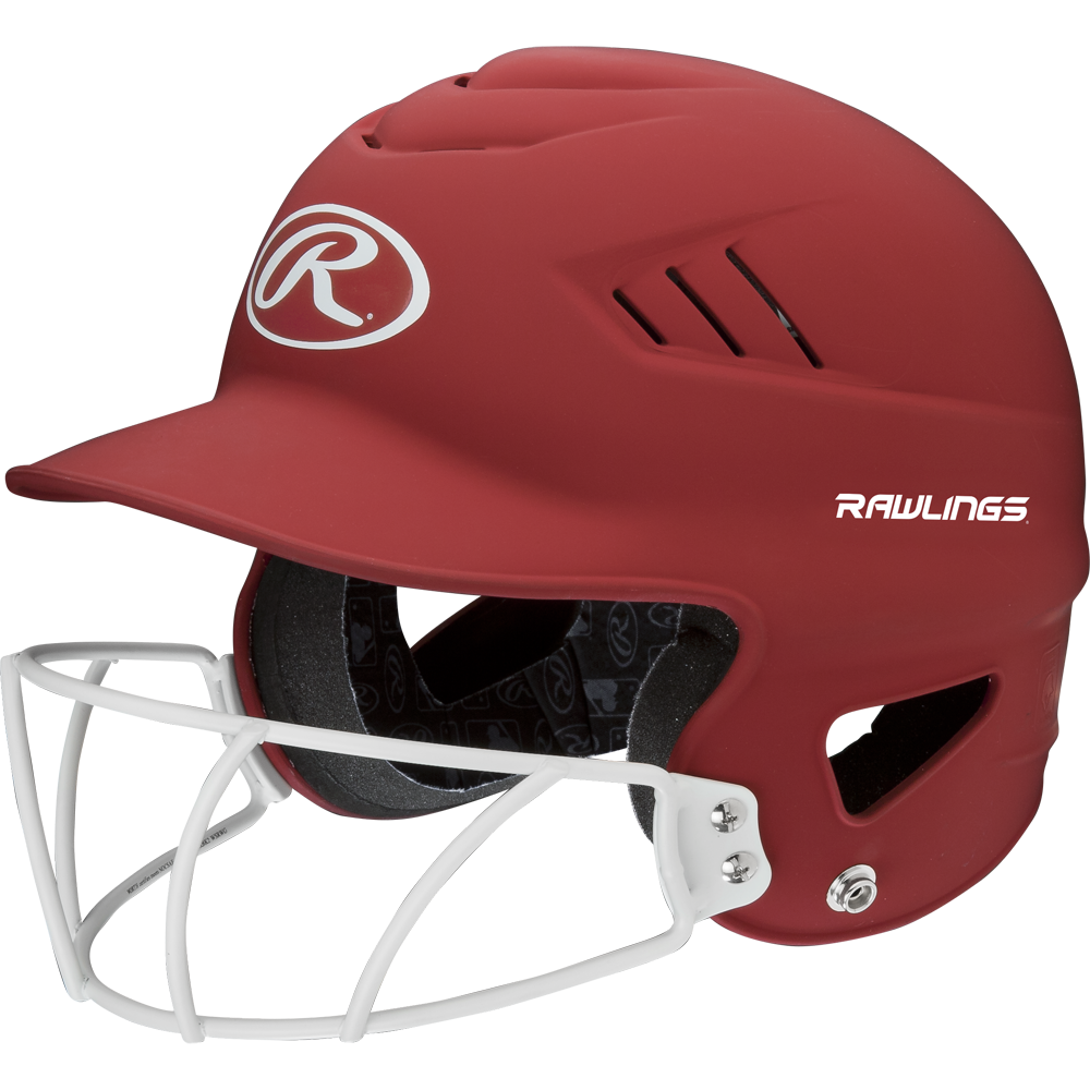 A Rawlings Coolflo Highlighter Matte Batting Helmet with Mask (RCFHLFG) by Rawlings, featuring a red finish, white faceguard, ventilation slits, and interior padding, is shown on a plain white background.