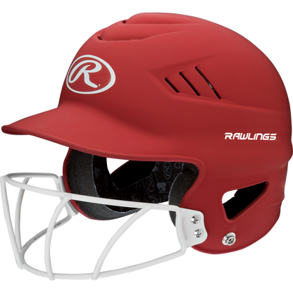 A Rawlings Coolflo Highlighter Matte Batting Helmet with Mask (RCFHLFG) by Rawlings, featuring a red finish, white faceguard, ventilation slits, and interior padding, is shown on a plain white background.