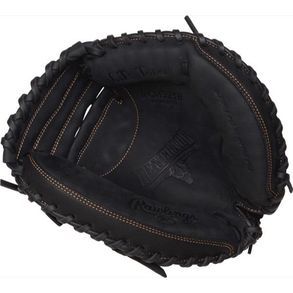 The Rawlings Renegade 32.5" Baseball Catcher's Mitt (RCM325B) is a black leather glove with visible stitching and prominent Rawlings branding inside, designed specifically for baseball catchers.