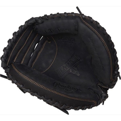 The Rawlings Renegade 32.5" Baseball Catcher's Mitt (RCM325B) is a black leather glove with visible stitching and prominent Rawlings branding inside, designed specifically for baseball catchers.