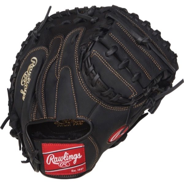 The Rawlings Renegade 32.5" Baseball Catcher's Mitt (RCM325B) features black leather, brown stitching, visible laces, and a red Rawlings logo patch—ideal for catchers seeking dependable performance.