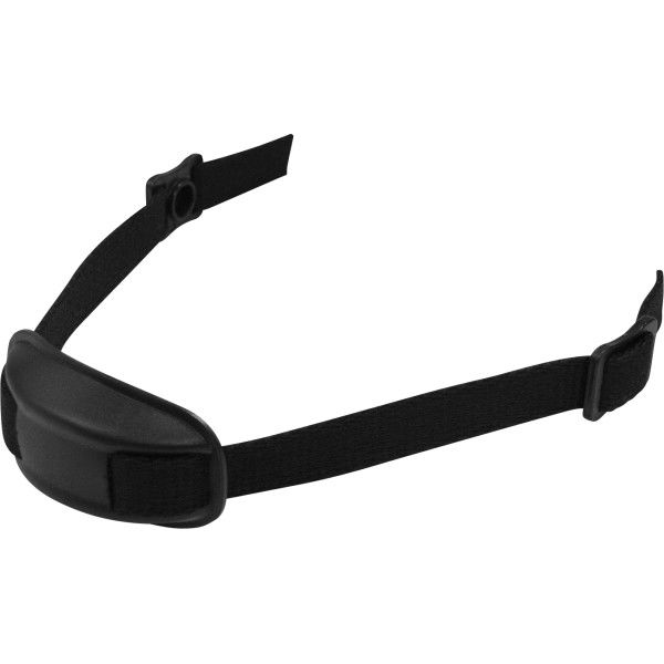 The Rawlings Batting Helmet Chin Strap with Chin Cup (RCSCUP) is a black adjustable strap with padding and a plastic buckle, designed to securely fasten Rawlings helmets or hats.