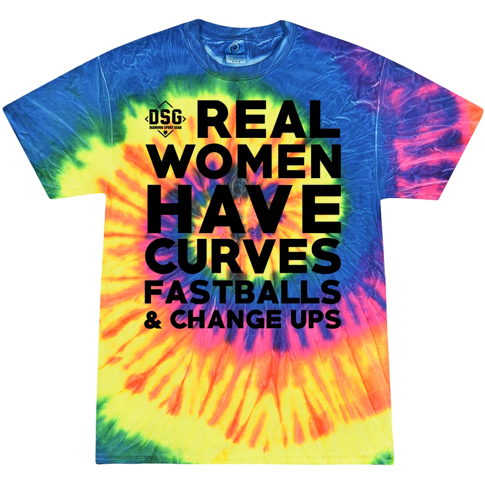The DSG Apparel Real Women Tie Dye T-Shirt (TD-REALW) is a vibrant unisex tee in yellow, green, blue, pink, and purple with black "REAL WOMEN HAVE CURVES FASTBALLS & CHANGE UPS" text and a DSG logo. Made from pre-shrunk cotton for comfort.
