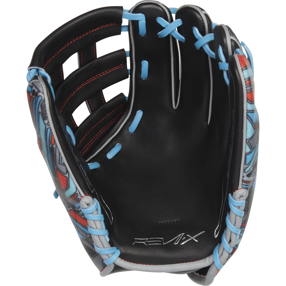 The Rawlings REV1X 11.75" Baseball Glove (REV205-6B) is black with blue laces, red accents, and gray patterned details. "REV1X" is stitched on the palm, making it a standout infield glove from Rawlings.