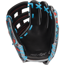 The Rawlings REV1X 11.75" Baseball Glove (REV205-6B) is black with blue laces, red accents, and gray patterned details. "REV1X" is stitched on the palm, making it a standout infield glove from Rawlings.