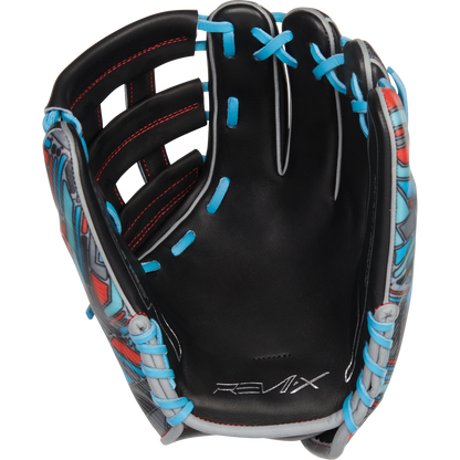 The Rawlings REV1X 11.75" Baseball Glove (REV205-6B) is black with blue laces, red accents, and gray patterned details. "REV1X" is stitched on the palm, making it a standout infield glove from Rawlings.