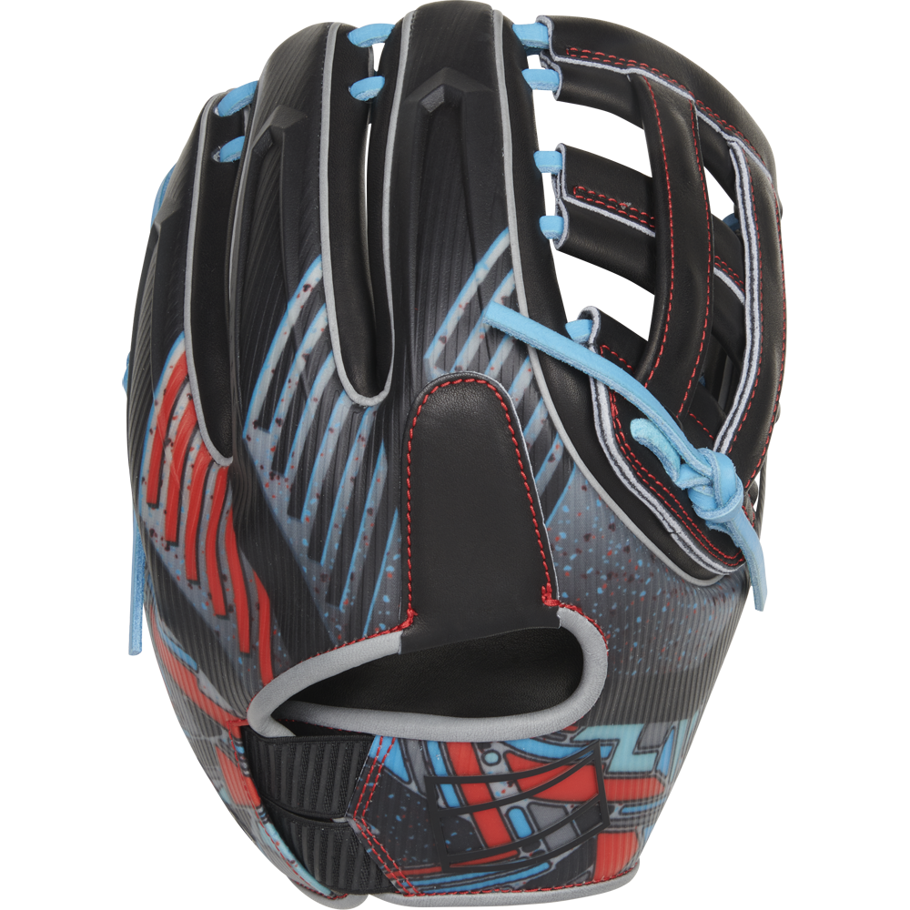 The Rawlings REV1X 11.75" Baseball Glove (REV205-6B) features a black design with red, blue, and gray accents, bright blue laces, red stitching, and Heart of the Hide leather with a modern graphic pattern on the outer surface.