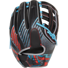The Rawlings REV1X 11.75" Baseball Glove (REV205-6B) features a black design with red, blue, and gray accents, bright blue laces, red stitching, and Heart of the Hide leather with a modern graphic pattern on the outer surface.