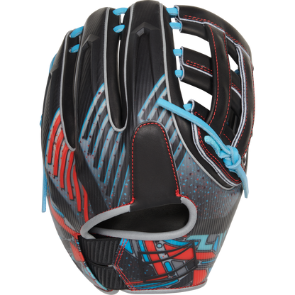 The Rawlings REV1X 11.75" Baseball Glove (REV205-6B) features a black design with red, blue, and gray accents, bright blue laces, red stitching, and Heart of the Hide leather with a modern graphic pattern on the outer surface.
