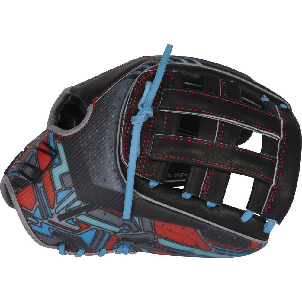 The Rawlings REV1X 11.75" Baseball Glove (REV205-6B) features black Heart of the Hide leather, blue laces, red stitching, and a bold red, blue, and gray geometric graphic—perfect for infielders seeking top performance.