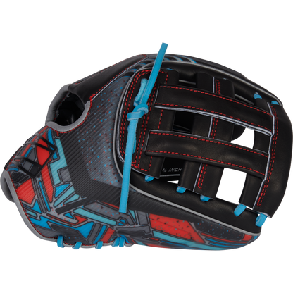 The Rawlings REV1X 11.75" Baseball Glove (REV205-6B) features black Heart of the Hide leather, blue laces, red stitching, and a bold red, blue, and gray geometric graphic—perfect for infielders seeking top performance.