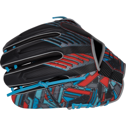 A Rawlings REV1X 11.75" Baseball Glove (REV205-6B) features a black Heart of the Hide leather shell, vibrant red, blue, and gray abstract patterns, blue laces, and red stitching, shown from the side against a plain background.