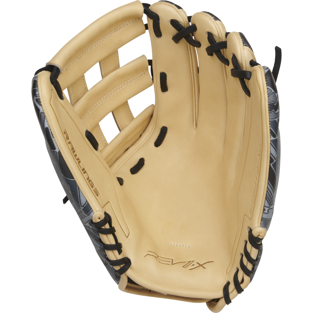 A Rawlings REV1X 12.75" Baseball Glove (REV3039-6) in tan and black with black lacing is displayed open, showing the inside palm, finger slots, and the REV1X logo stamped on the palm.