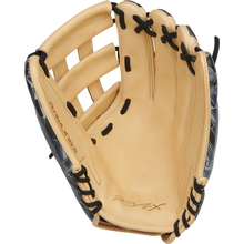 A Rawlings REV1X 12.75" Baseball Glove (REV3039-6) in tan and black with black lacing is displayed open, showing the inside palm, finger slots, and the REV1X logo stamped on the palm.