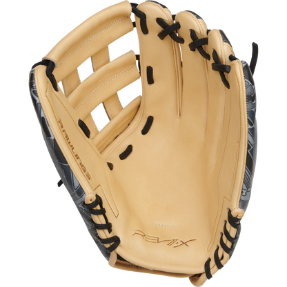 A Rawlings REV1X 12.75" Baseball Glove (REV3039-6) in tan and black with black lacing is displayed open, showing the inside palm, finger slots, and the REV1X logo stamped on the palm.