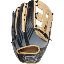 A Rawlings REV1X 12.75" Baseball Glove (REV3039-6) by Rawlings, featuring black and tan colors with angular back patterns, tan laces, and a partially open web, shown against a white background.