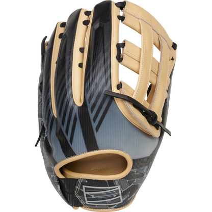A Rawlings REV1X 12.75" Baseball Glove (REV3039-6) by Rawlings, featuring black and tan colors with angular back patterns, tan laces, and a partially open web, shown against a white background.