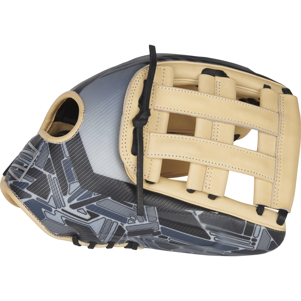 The Rawlings REV1X 12.75" Baseball Glove (REV3039-6) features light tan leather webbing and trim, a black and gray patterned body, an open web design, and a finger hole.