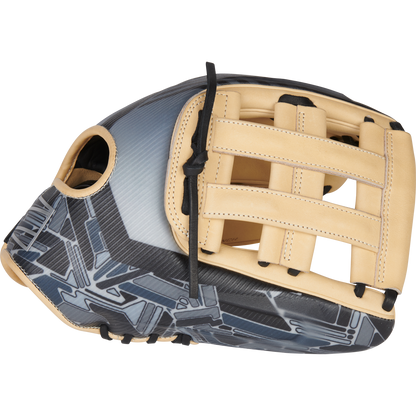 The Rawlings REV1X 12.75" Baseball Glove (REV3039-6) features light tan leather webbing and trim, a black and gray patterned body, an open web design, and a finger hole.