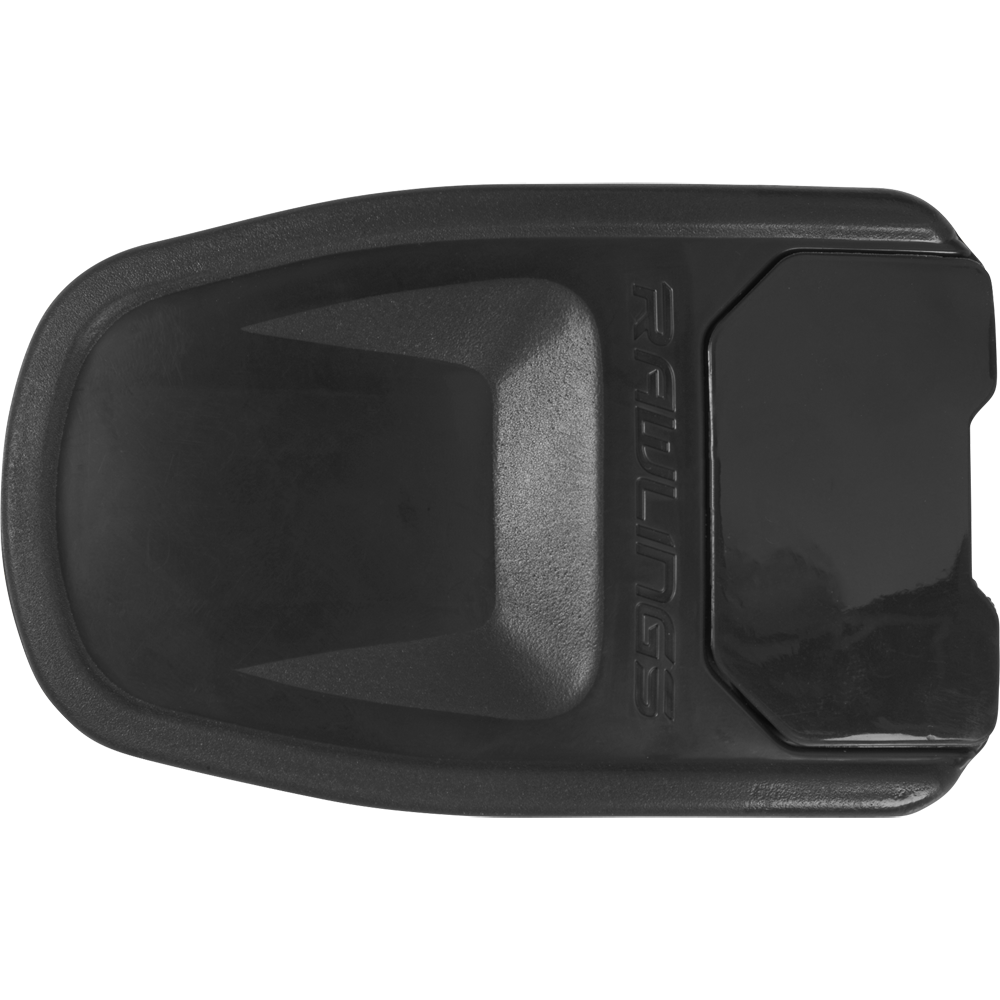 Black Rawlings jaw guard for R16 helmets, made of durable plastic and shown from above on a white background. Features an embossed Rawlings logo and matches the style of the Rawlings R16 Reverse Batting Helmet Extension (REVEXT).