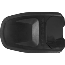 Black Rawlings jaw guard for R16 helmets, made of durable plastic and shown from above on a white background. Features an embossed Rawlings logo and matches the style of the Rawlings R16 Reverse Batting Helmet Extension (REVEXT).