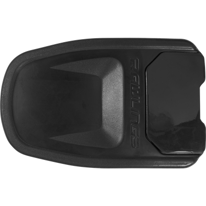 Black Rawlings jaw guard for R16 helmets, made of durable plastic and shown from above on a white background. Features an embossed Rawlings logo and matches the style of the Rawlings R16 Reverse Batting Helmet Extension (REVEXT).