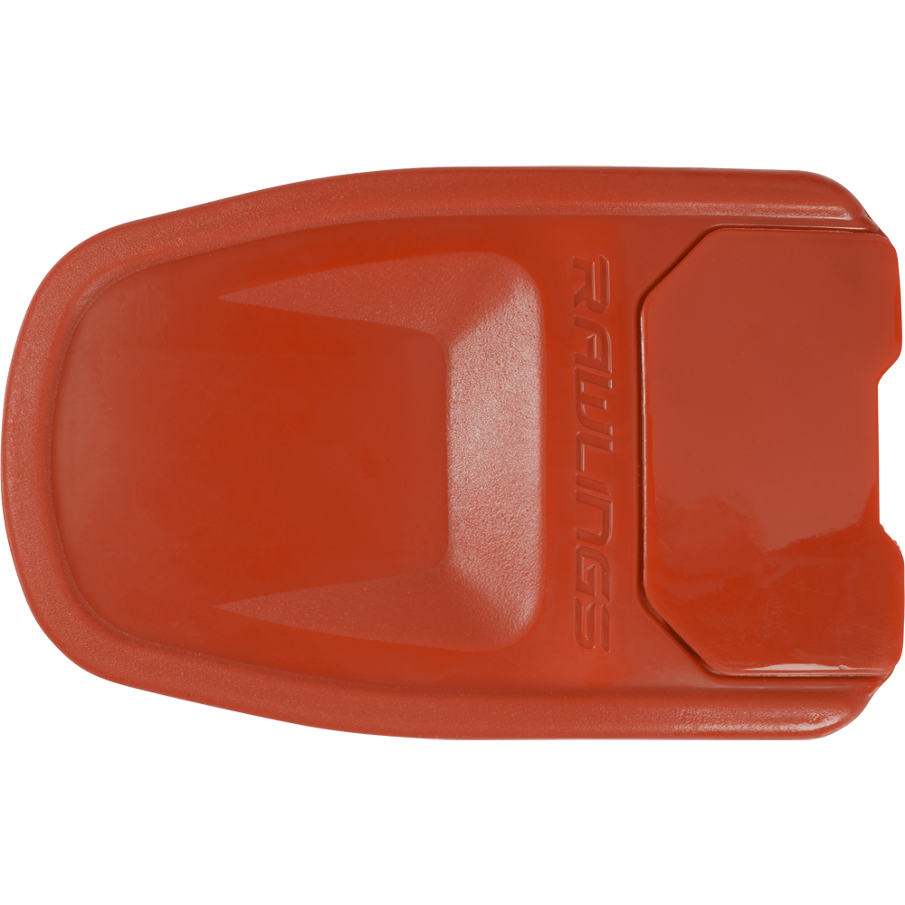A bright red plastic sliding mitt with the Rawlings logo protects your hand on the bases—pair it with the Rawlings R16 Reverse Batting Helmet Extension (Jaw Guard): REVEXT for added safety.