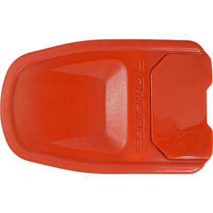A bright red plastic sliding mitt with the Rawlings logo protects your hand on the bases—pair it with the Rawlings R16 Reverse Batting Helmet Extension (Jaw Guard): REVEXT for added safety.