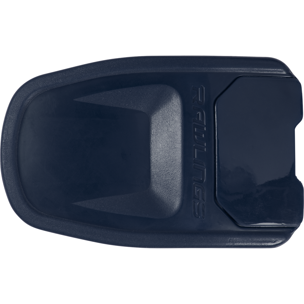 A dark blue plastic ball holder with the embossed Rawlings logo, ideal for matching with your Rawlings R16 Reverse Batting Helmet Extension (Jaw Guard): REVEXT.