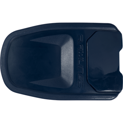 A dark blue plastic ball holder with the embossed Rawlings logo, ideal for matching with your Rawlings R16 Reverse Batting Helmet Extension (Jaw Guard): REVEXT.