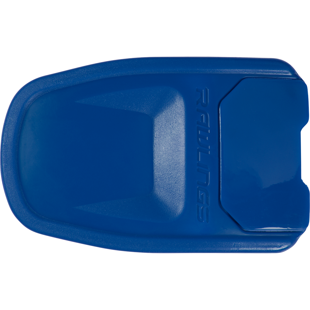 A blue plastic Rawlings sliding mitt, shown from above on a white background—ideal to pair with your Rawlings R16 Reverse Batting Helmet Extension (Jaw Guard): REVEXT for added protection.
