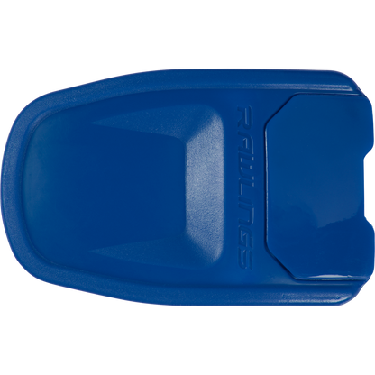 A blue plastic Rawlings sliding mitt, shown from above on a white background—ideal to pair with your Rawlings R16 Reverse Batting Helmet Extension (Jaw Guard): REVEXT for added protection.