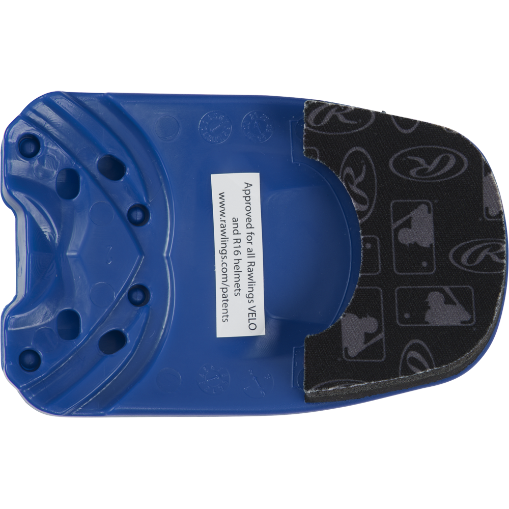 The Rawlings R16 Reverse Batting Helmet Extension (Jaw Guard): REVEXT is a blue plastic helmet attachment with a black padded jaw guard and white sports logos. Approved for all Rawlings VELO, R16, and 2018 helmet models.