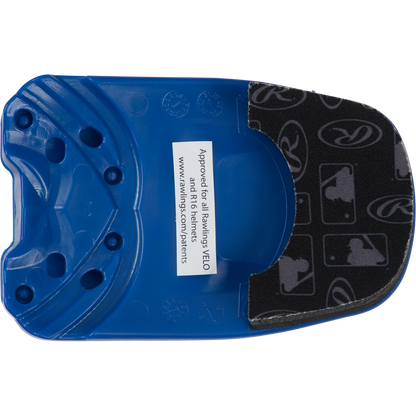 The Rawlings R16 Reverse Batting Helmet Extension (Jaw Guard): REVEXT is a blue plastic helmet attachment with a black padded jaw guard and white sports logos. Approved for all Rawlings VELO, R16, and 2018 helmet models.