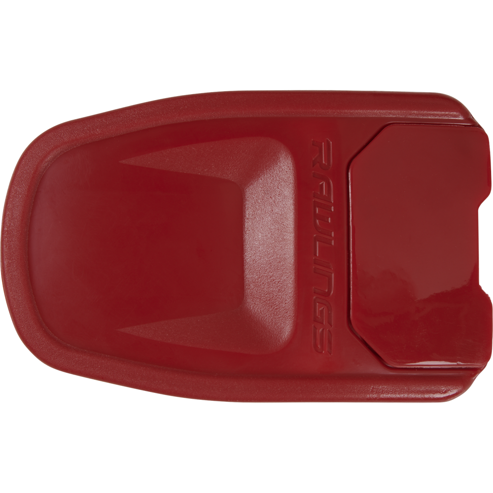 A red Rawlings plastic base for baseball or softball, shown from above with raised lettering and a textured surface—perfect to pair with Rawlings R16 Reverse Batting Helmet Extension (Jaw Guard): REVEXT.