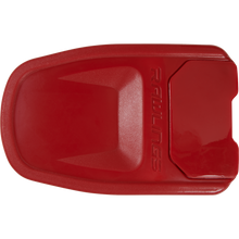 A red Rawlings plastic base for baseball or softball, shown from above with raised lettering and a textured surface—perfect to pair with Rawlings R16 Reverse Batting Helmet Extension (Jaw Guard): REVEXT.