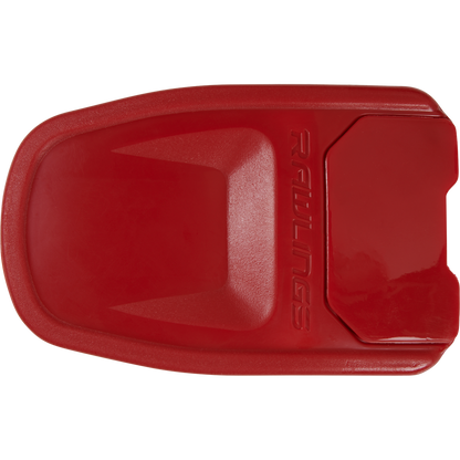 A red Rawlings plastic base for baseball or softball, shown from above with raised lettering and a textured surface—perfect to pair with Rawlings R16 Reverse Batting Helmet Extension (Jaw Guard): REVEXT.