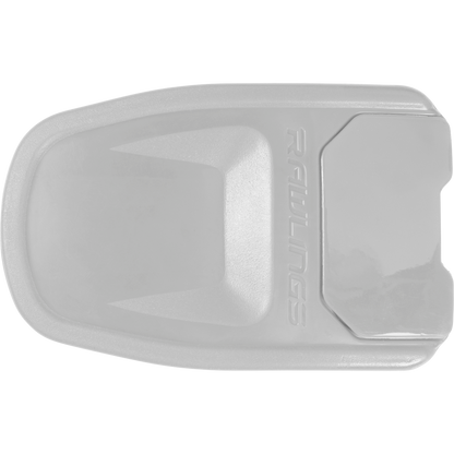 Gray Rawlings sliding pad features a contoured shape and embossed logo for leg protection during slides—pairs perfectly with other gear like the Rawlings R16 Reverse Batting Helmet Extension (Jaw Guard), REVEXT.