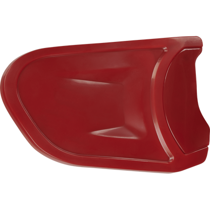 A red plastic snow shovel blade with smooth curves and a raised edge for pushing or lifting snow is shown isolated on white—its sleek design resembles the Rawlings Batting Helmet Extension (Jaw Guard): REXT by Rawlings.