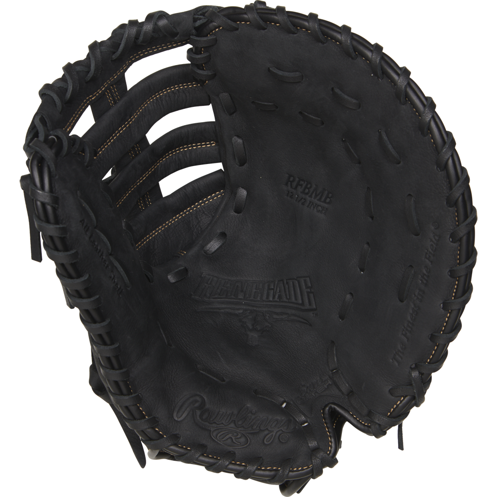 The Rawlings Renegade 12.5" Baseball First Base Mitt (RFBMB) features black leather, visible stitching, embossed brand details, a deep pocket, and wide webbing for confident catches.