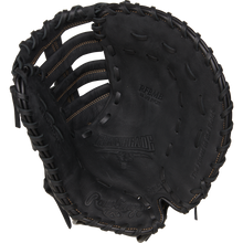 The Rawlings Renegade 12.5" Baseball First Base Mitt (RFBMB) features black leather, visible stitching, embossed brand details, a deep pocket, and wide webbing for confident catches.