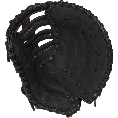 The Rawlings Renegade 12.5" Baseball First Base Mitt (RFBMB) features black leather, visible stitching, embossed brand details, a deep pocket, and wide webbing for confident catches.