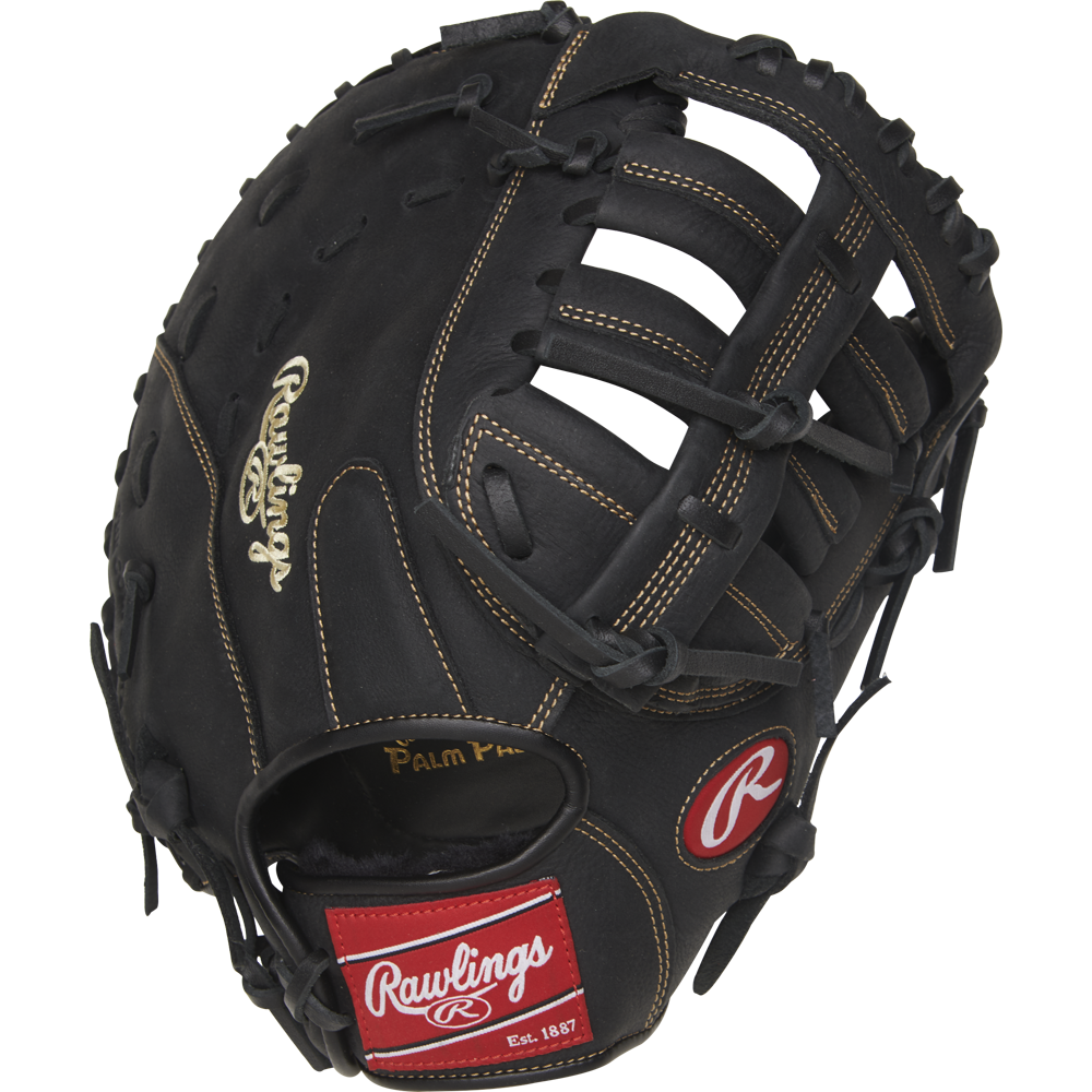 The Rawlings Renegade 12.5" Baseball First Base Mitt (RFBMB) features black leather, tan stitching and laces, a red-and-white Rawlings logo by the wrist, and gold "Palm Pad" embossing—a game-ready glove for serious players.