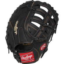 The Rawlings Renegade 12.5" Baseball First Base Mitt (RFBMB) features black leather, tan stitching and laces, a red-and-white Rawlings logo by the wrist, and gold "Palm Pad" embossing—a game-ready glove for serious players.