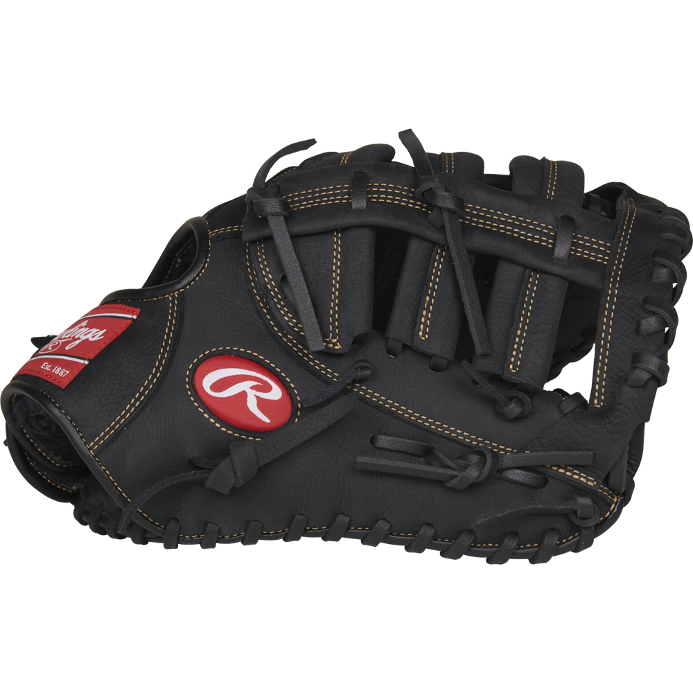 The Rawlings Renegade 12.5" Baseball First Base Mitt (RFBMB) is a black leather glove with tan stitching and a red Rawlings logo patch, shown on a white background.