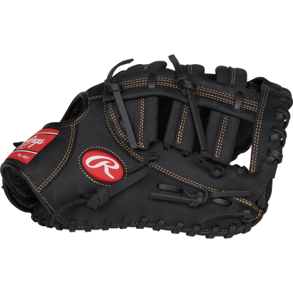 The Rawlings Renegade 12.5" Baseball First Base Mitt (RFBMB) is a black leather glove with tan stitching and a red Rawlings logo patch, shown on a white background.