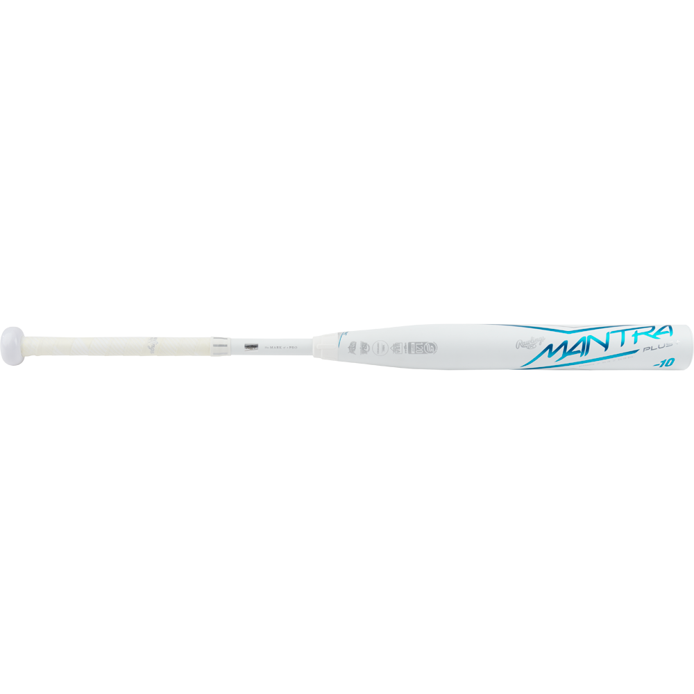 The 2023 Rawlings Mantra+ (-10) Fastpitch Softball Bat (RFP3MP10) features a white and blue design, "MANTRA" in blue on the barrel, a white grip handle, and PowerSync connection joint, shown against a plain white background.