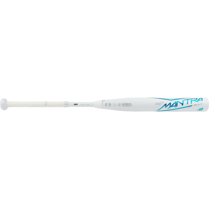 The 2023 Rawlings Mantra+ (-10) Fastpitch Softball Bat (RFP3MP10) features a white and blue design, "MANTRA" in blue on the barrel, a white grip handle, and PowerSync connection joint, shown against a plain white background.