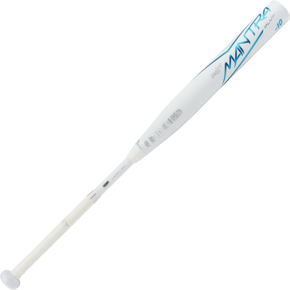 The 2023 Rawlings Mantra+ (-10) Fastpitch Softball Bat (RFP3MP10) features a white design with blue accents, a wrapped handle, PowerSync connection joint, and "Mantra" displayed in blue script along the barrel.